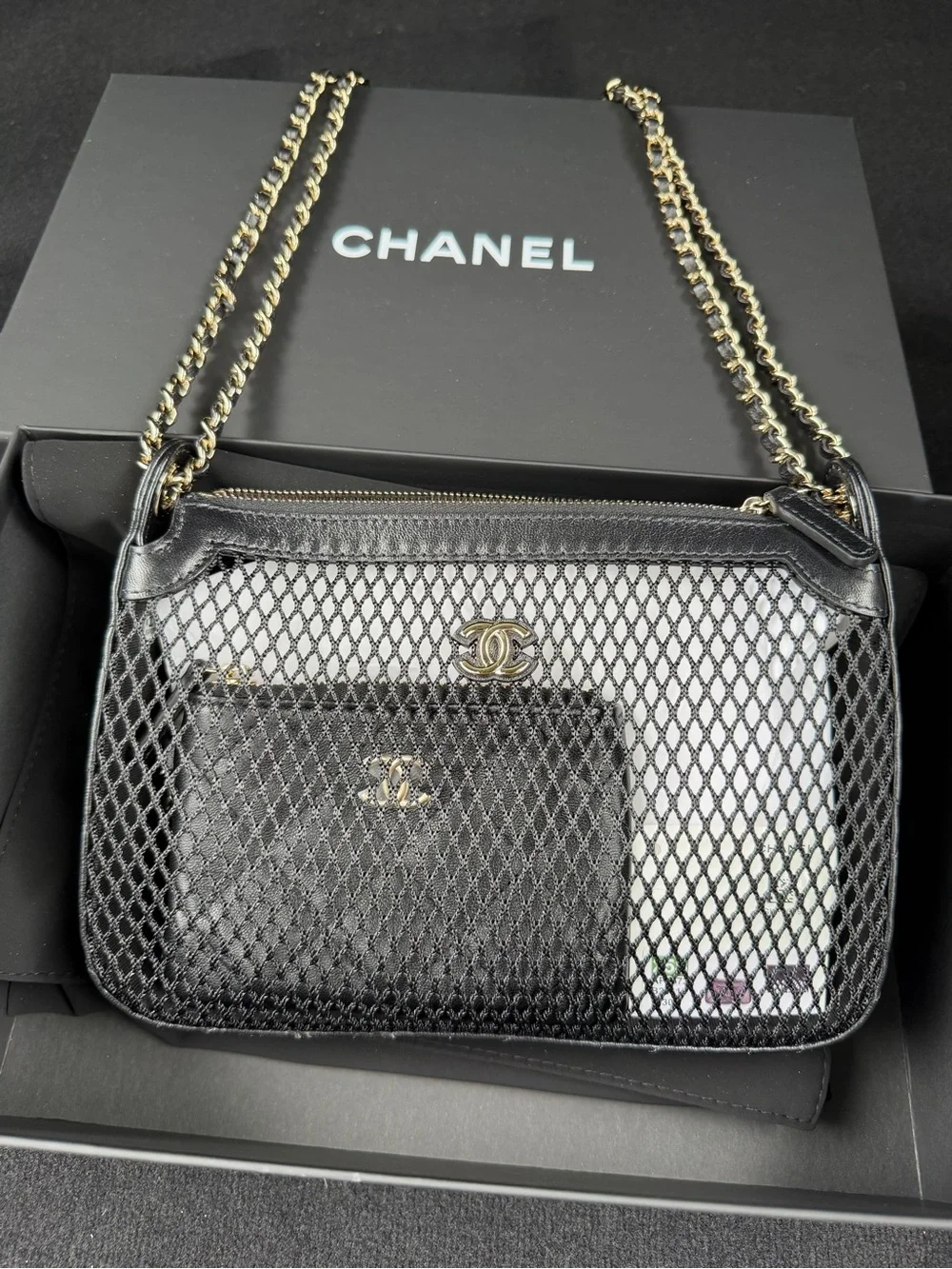 NWT Chanel 25S Mesh Lambskin Pochette Clutch With Chain and Wallet